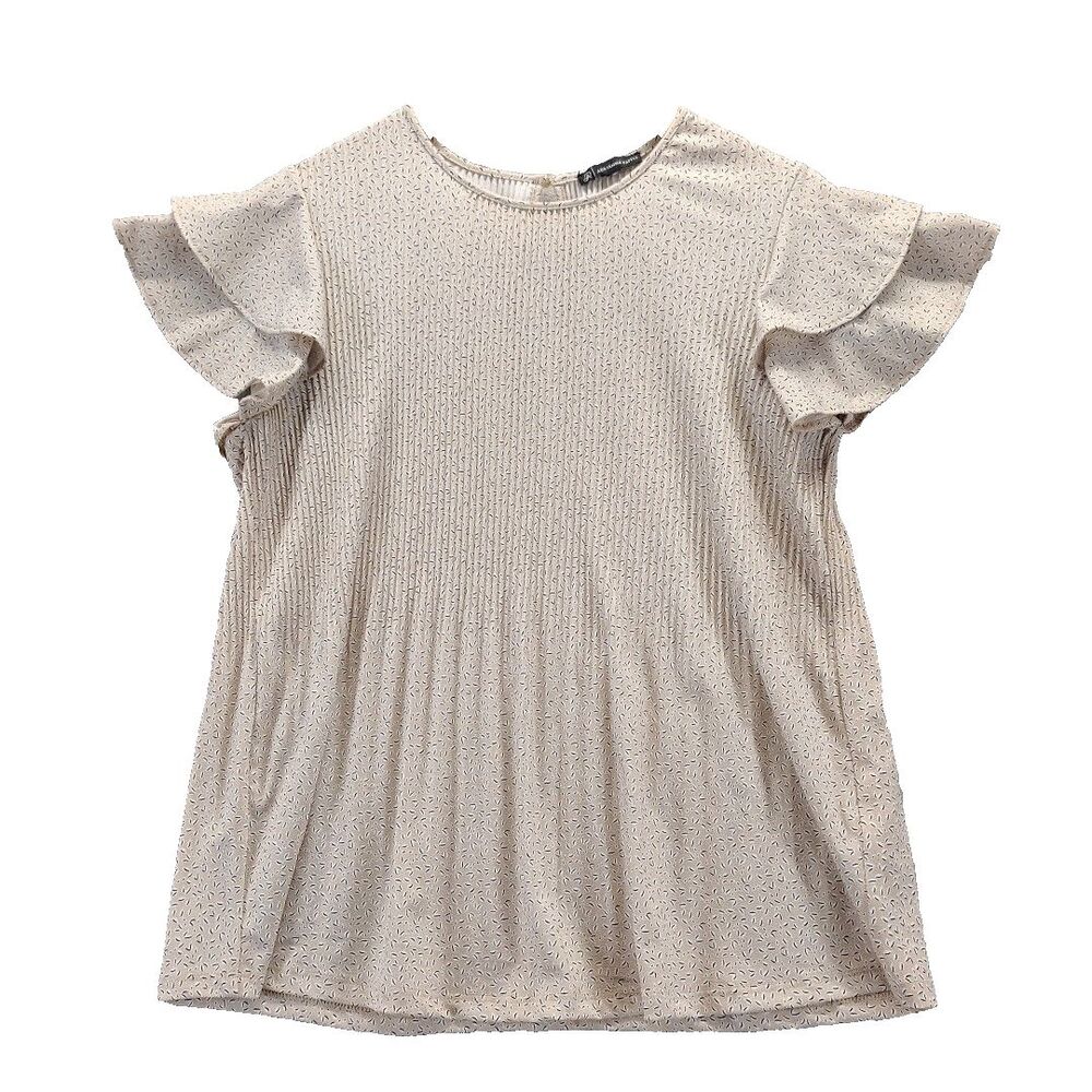 Adrianna Papell Women Sz L Blush Black Speckled Ruffle Short Sleeve Top Blouse